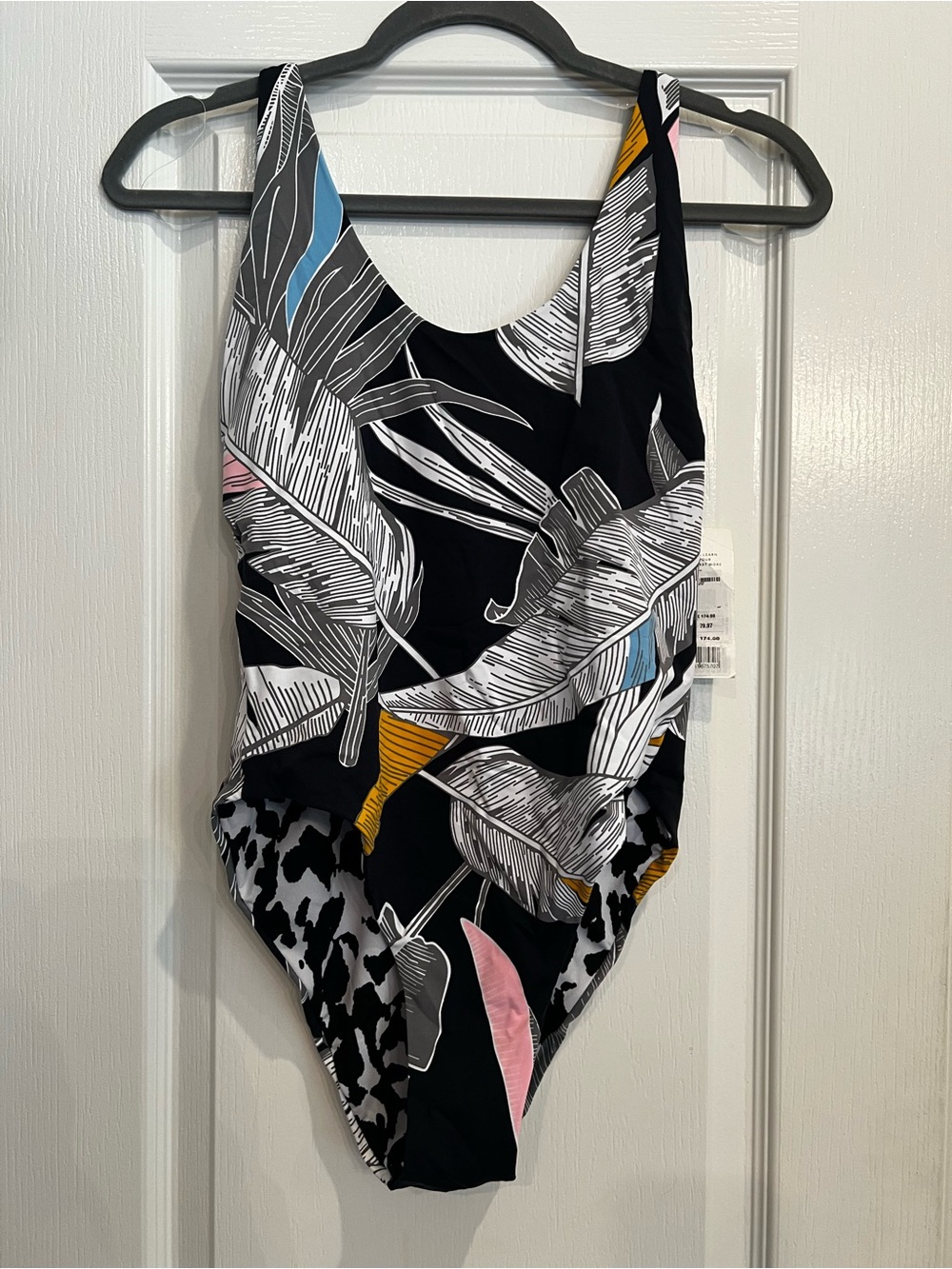 Black One-Piece Swimsuit with Multicolor Leaf Print